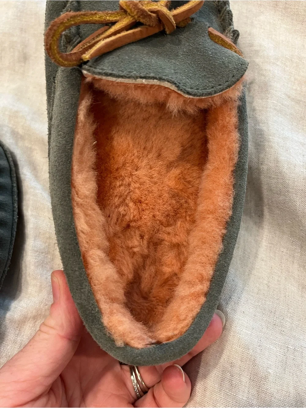L. L. Bean Cozy Suede Moccasin Slippers in Olive with Rust Fur Lining